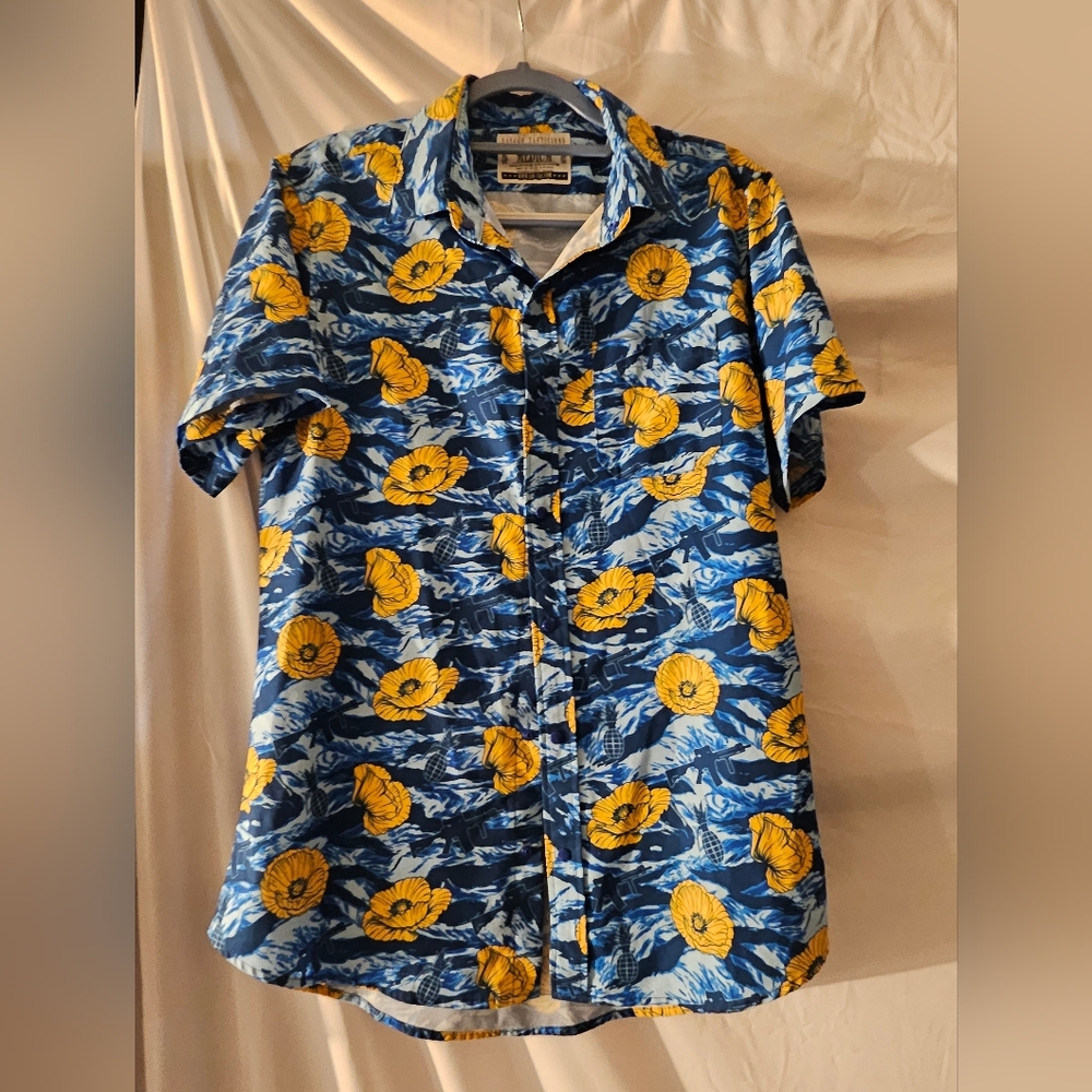 Savage Tacticians Hawaiian Floral Shirt Grenade Gun Logos Blue Yellow Men’s Med